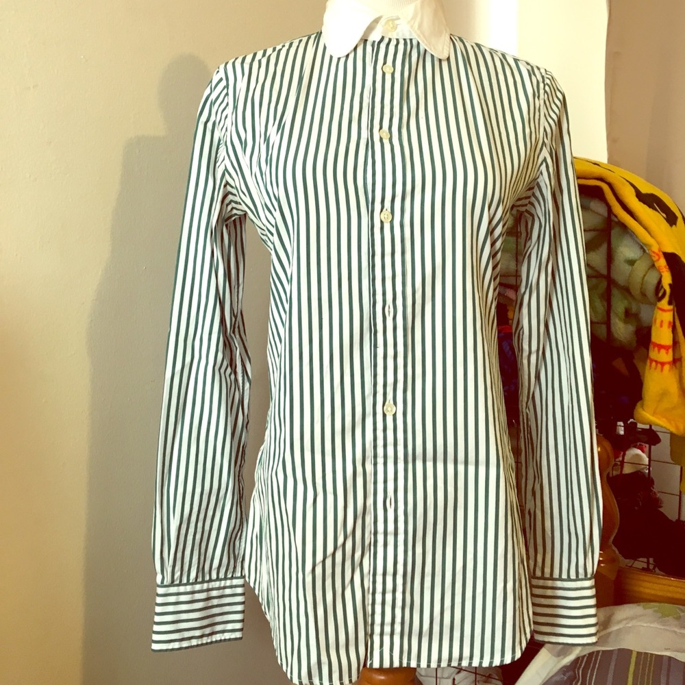 Green & white stripe Peter Pan collar shirt